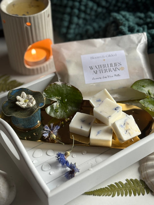 Water Lilies After Rain Luxury Wax Melts - Aquatic Floral Scent | Bloom and Gilded
Hand-poured aquatic-floral wax melts with waterlily, rain notes & cedarwood. Adorned with blue cornflower petals from our garden. Serene & refreshing. UK made luxury wax melts.